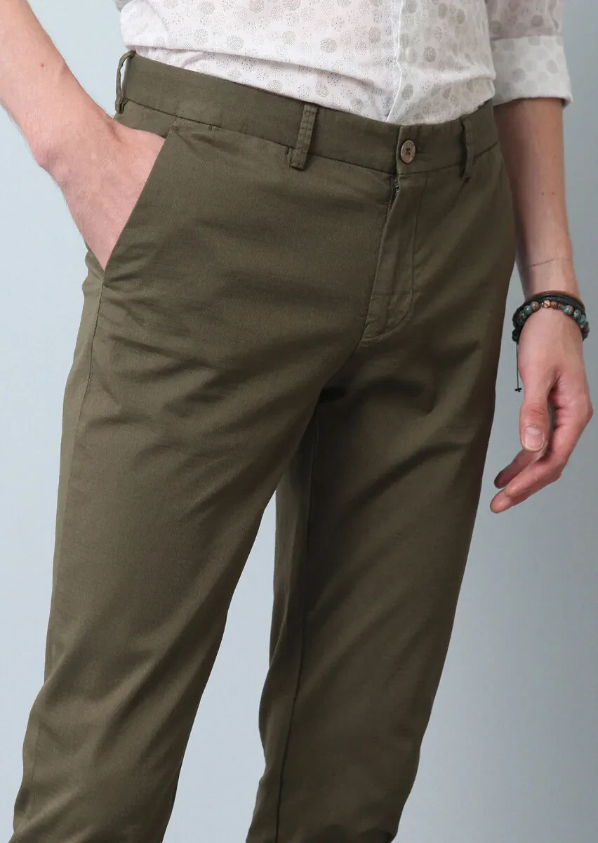 Haki Düz Dokuma Slim Fit Casual Pamuk Karışımlı Pantolon - 4