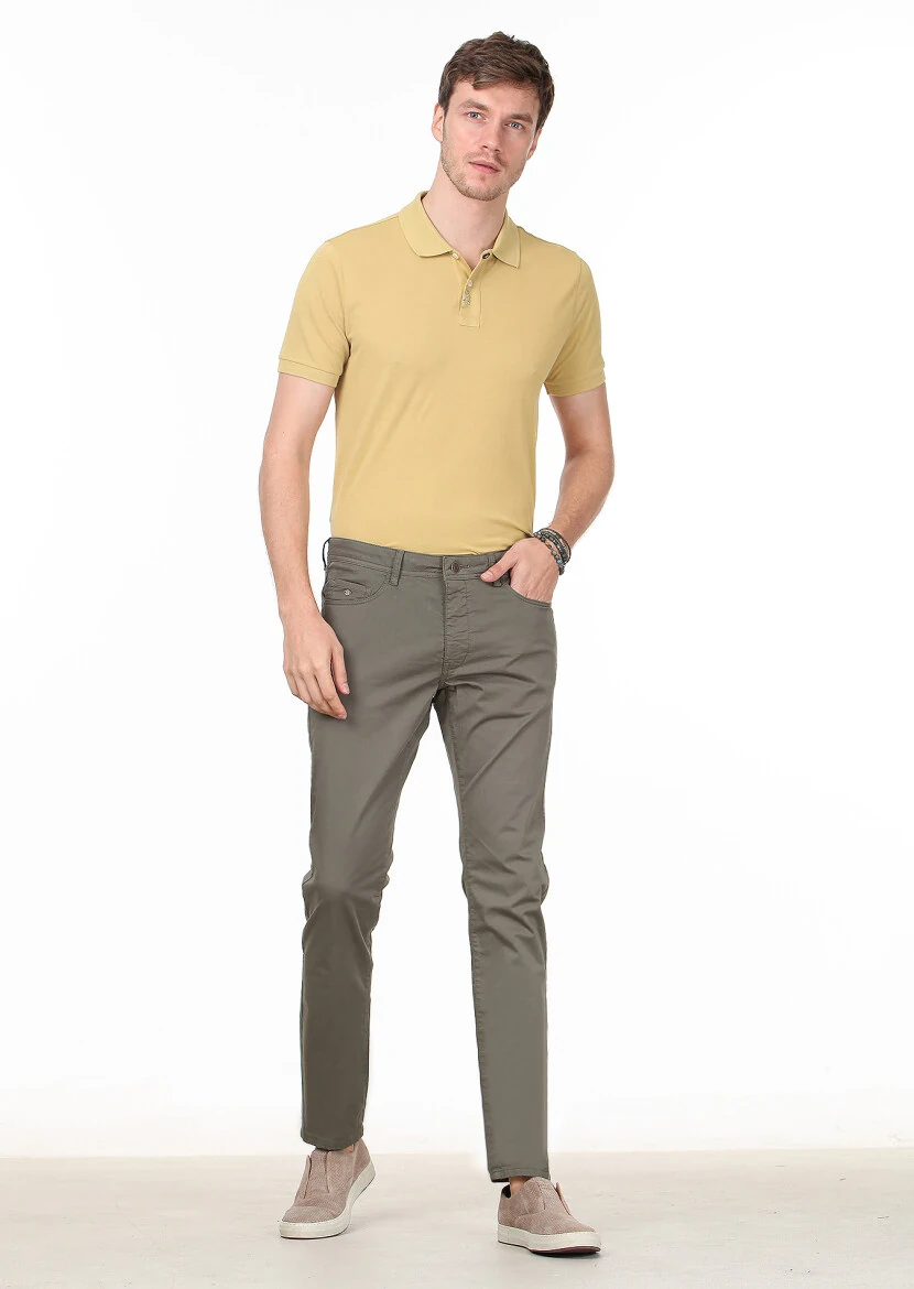 Haki Düz Dokuma Slim Fit Casual Pamuk Karışımlı Pantolon 