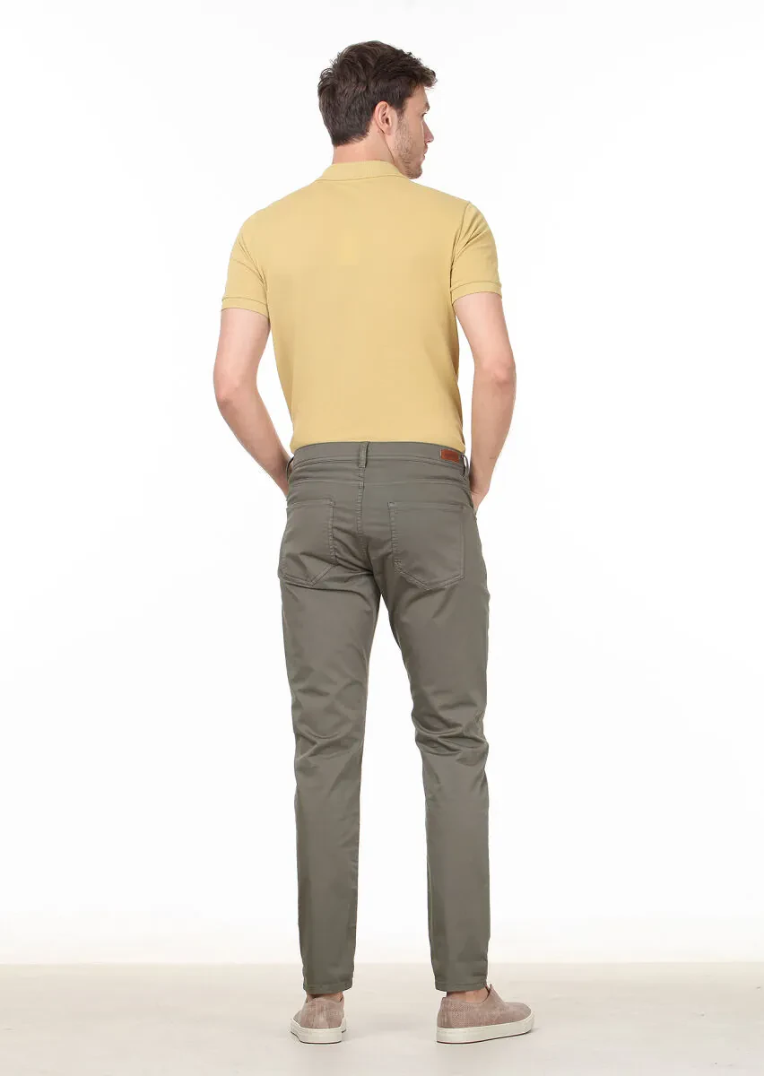Haki Düz Dokuma Slim Fit Casual Pamuk Karışımlı Pantolon - 4
