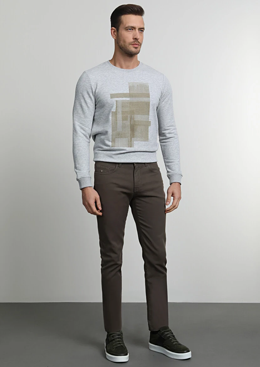 Haki Düz Dokuma Slim Fit Casual Pamuk Karışımlı Pantolon - 1