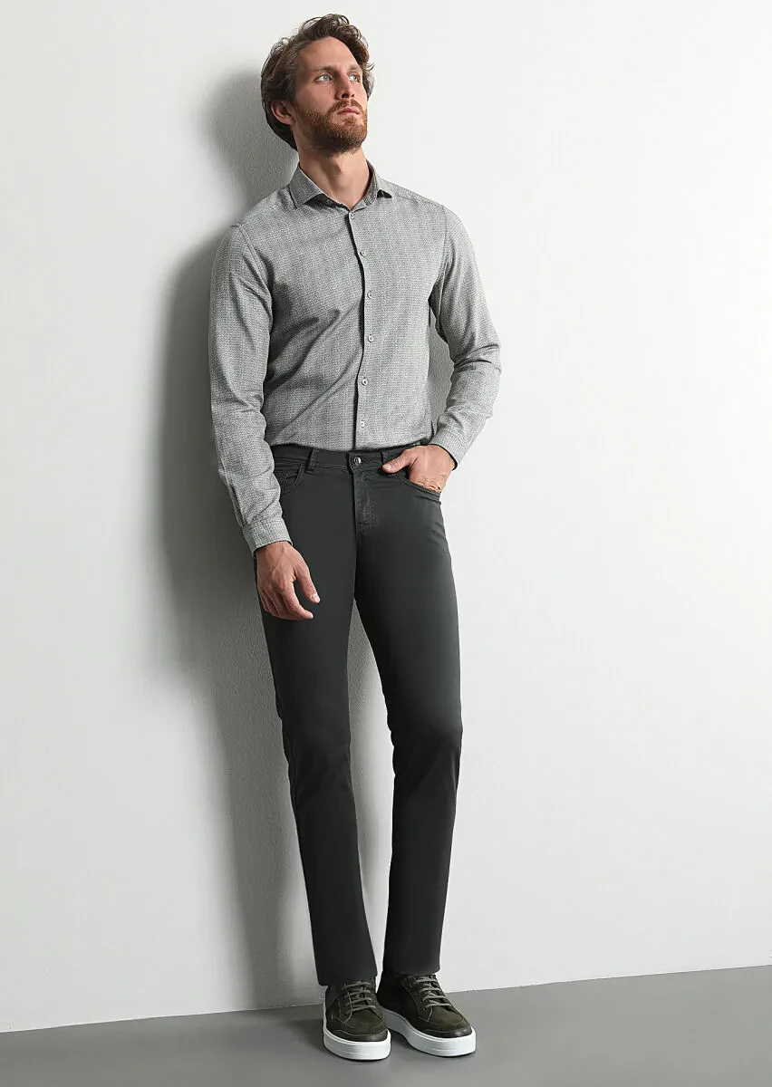 Haki Düz Dokuma Slim Fit Casual Pamuk Karışımlı Pantolon - 1