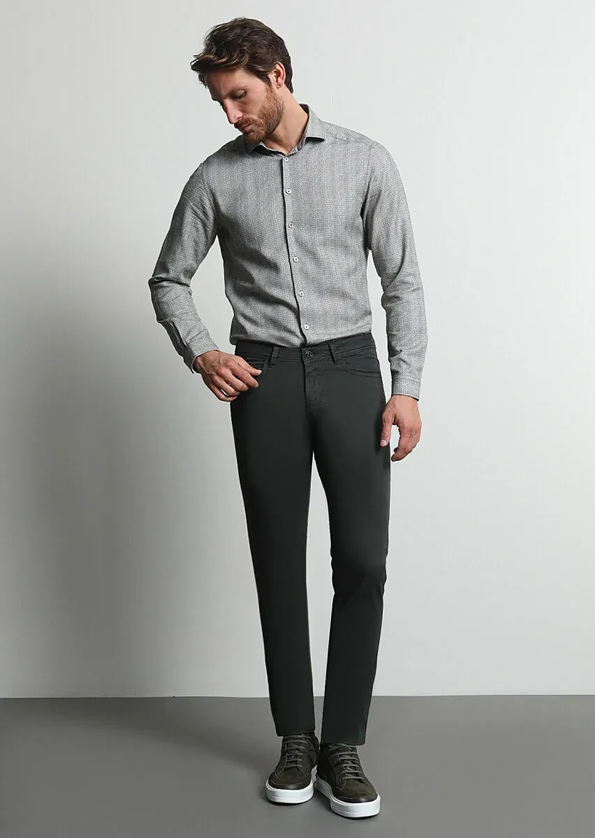 Haki Düz Dokuma Slim Fit Casual Pamuk Karışımlı Pantolon - 2
