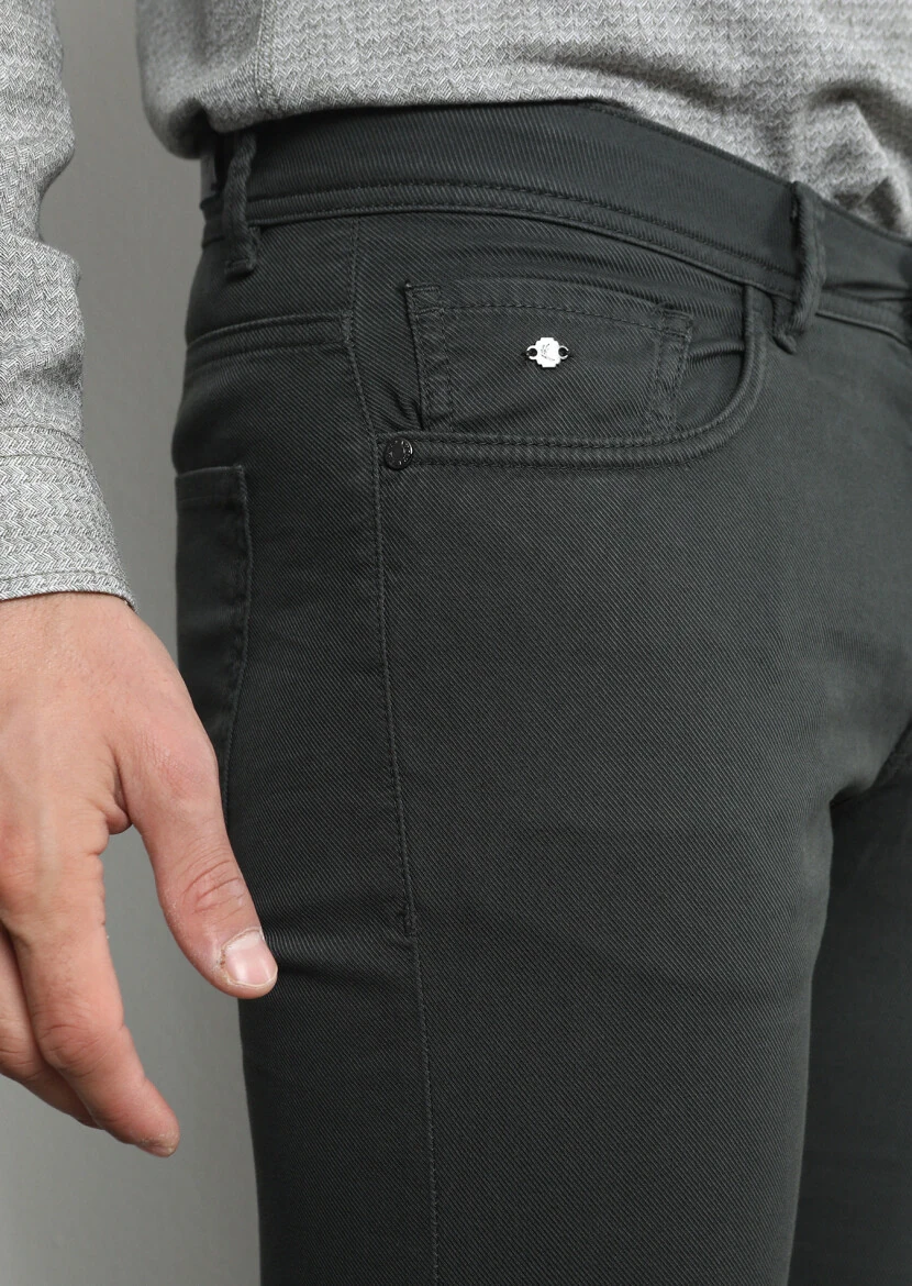 Haki Düz Dokuma Slim Fit Casual Pamuk Karışımlı Pantolon - 3