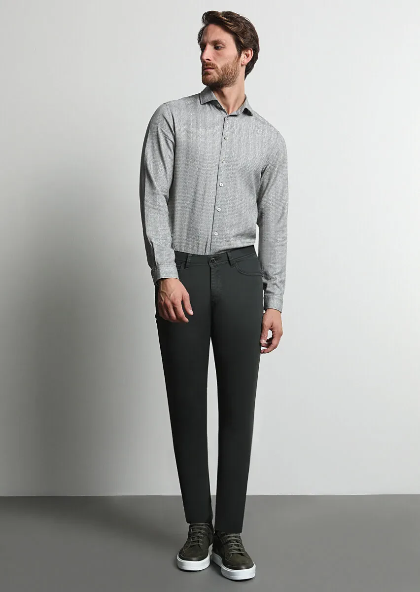 Haki Düz Dokuma Slim Fit Casual Pamuk Karışımlı Pantolon - 4