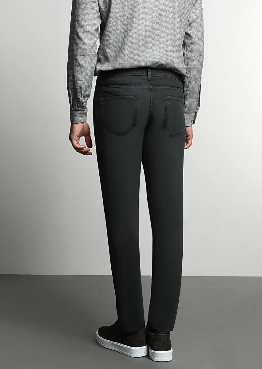 Haki Düz Dokuma Slim Fit Casual Pamuk Karışımlı Pantolon - 5