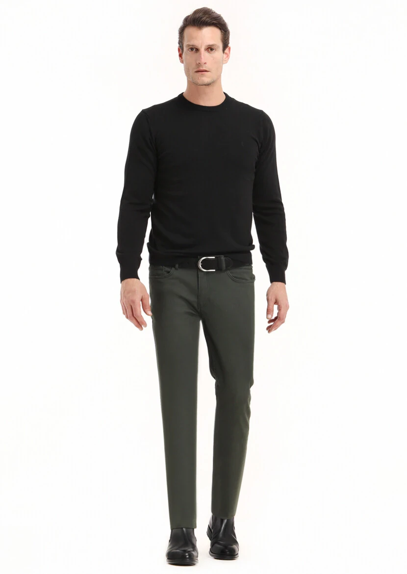Haki Düz Dokuma Slim Fit Casual Pamuk Karışımlı Pantolon - 1