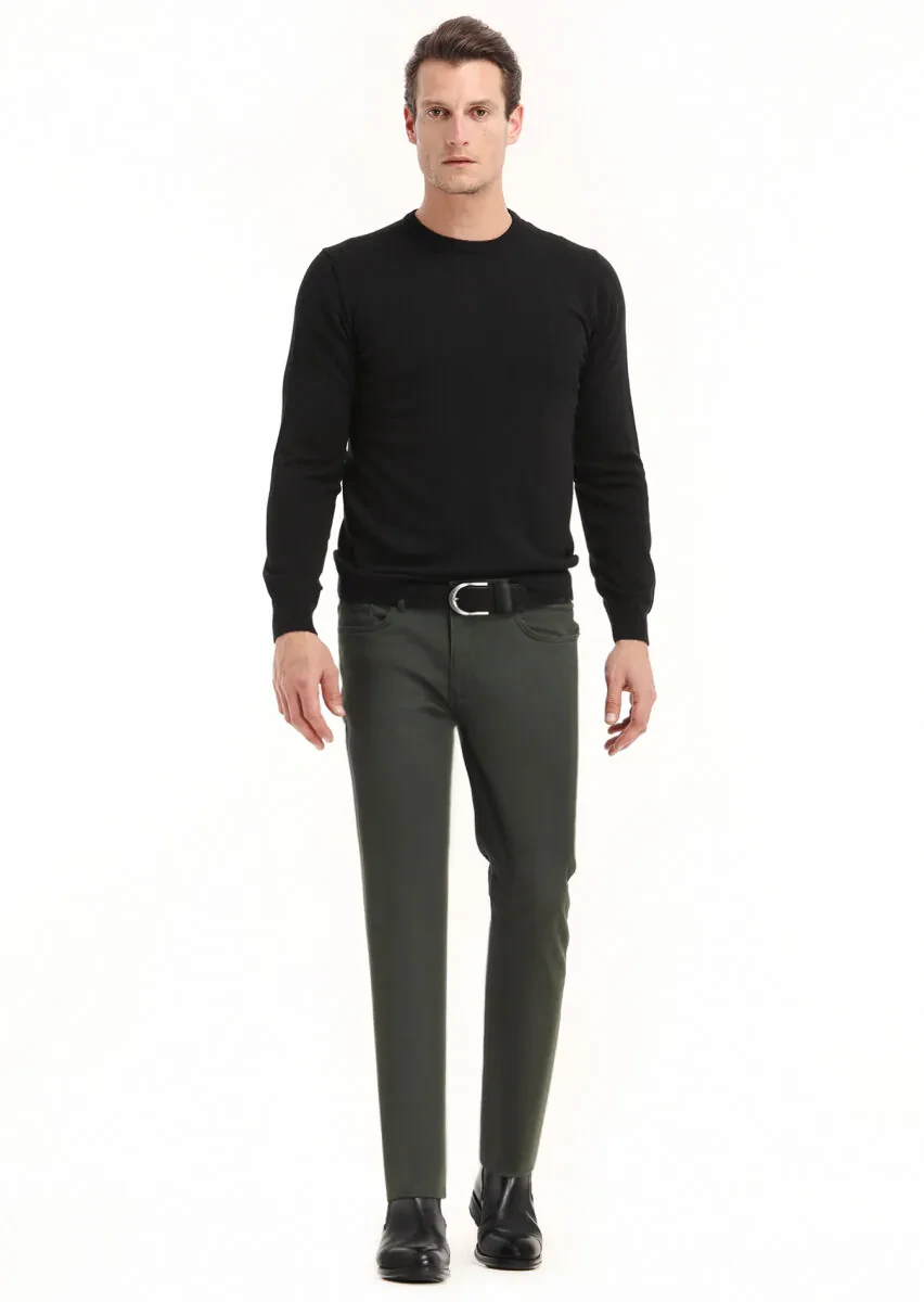 Haki Düz Dokuma Slim Fit Casual Pamuk Karışımlı Pantolon - 1