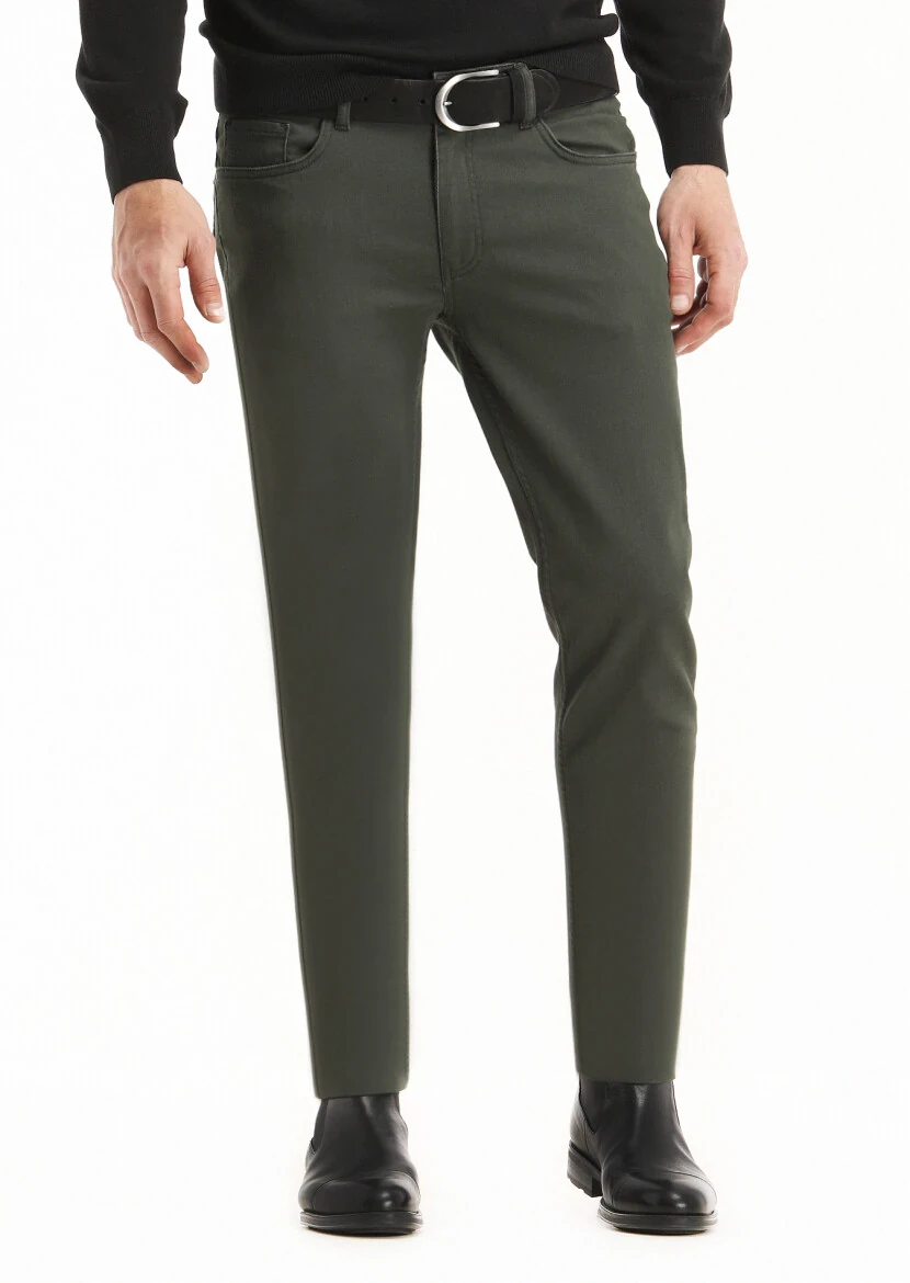Haki Düz Dokuma Slim Fit Casual Pamuk Karışımlı Pantolon - 2