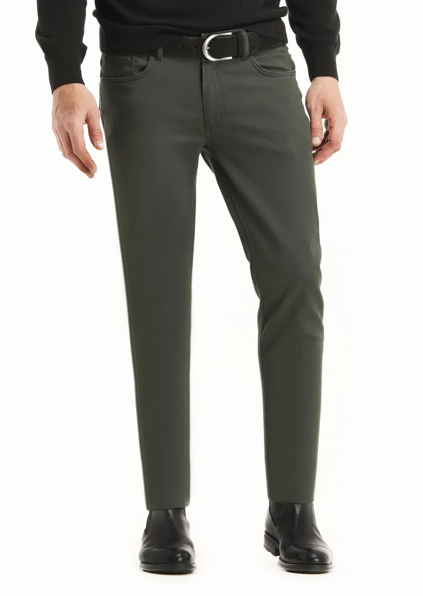 Haki Düz Dokuma Slim Fit Casual Pamuk Karışımlı Pantolon - 2