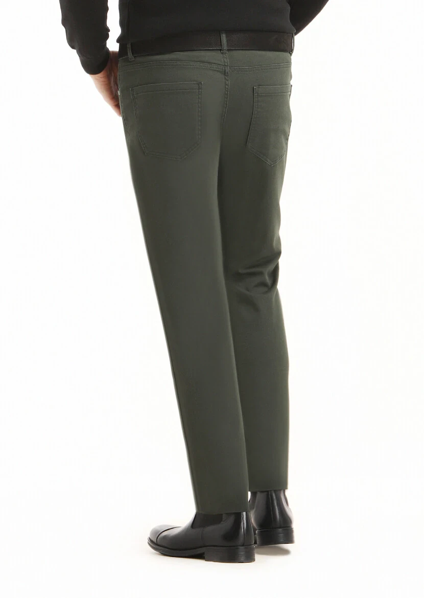 Haki Düz Dokuma Slim Fit Casual Pamuk Karışımlı Pantolon - 4