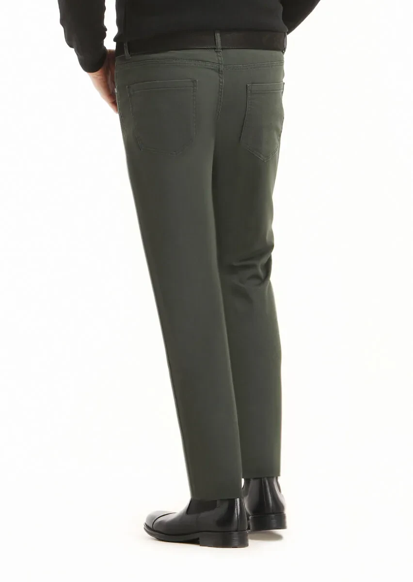 Haki Düz Dokuma Slim Fit Casual Pamuk Karışımlı Pantolon - 4