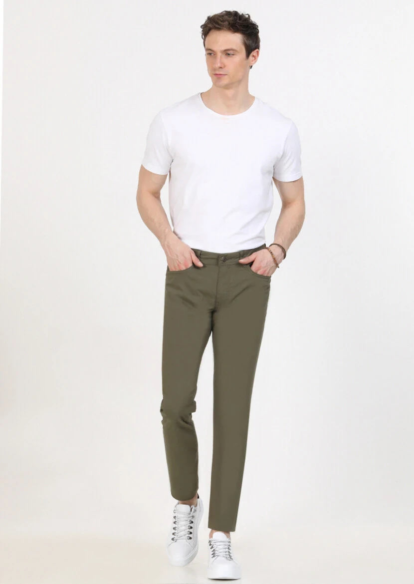 Haki Düz Dokuma Slim Fit Casual Pamuk Karışımlı Pantolon - 1