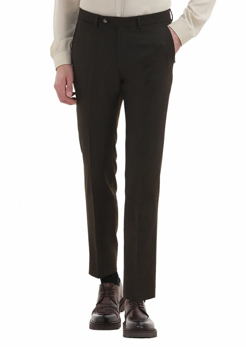 Haki Düz Kumaş Modern Fit Klasik Yün Karışımlı Pantolon - 2