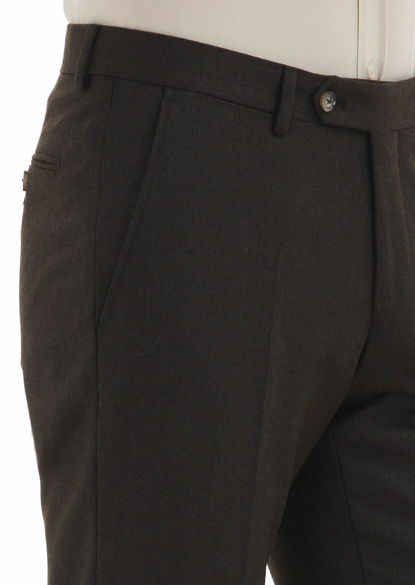 Haki Düz Kumaş Modern Fit Klasik Yün Karışımlı Pantolon - 3