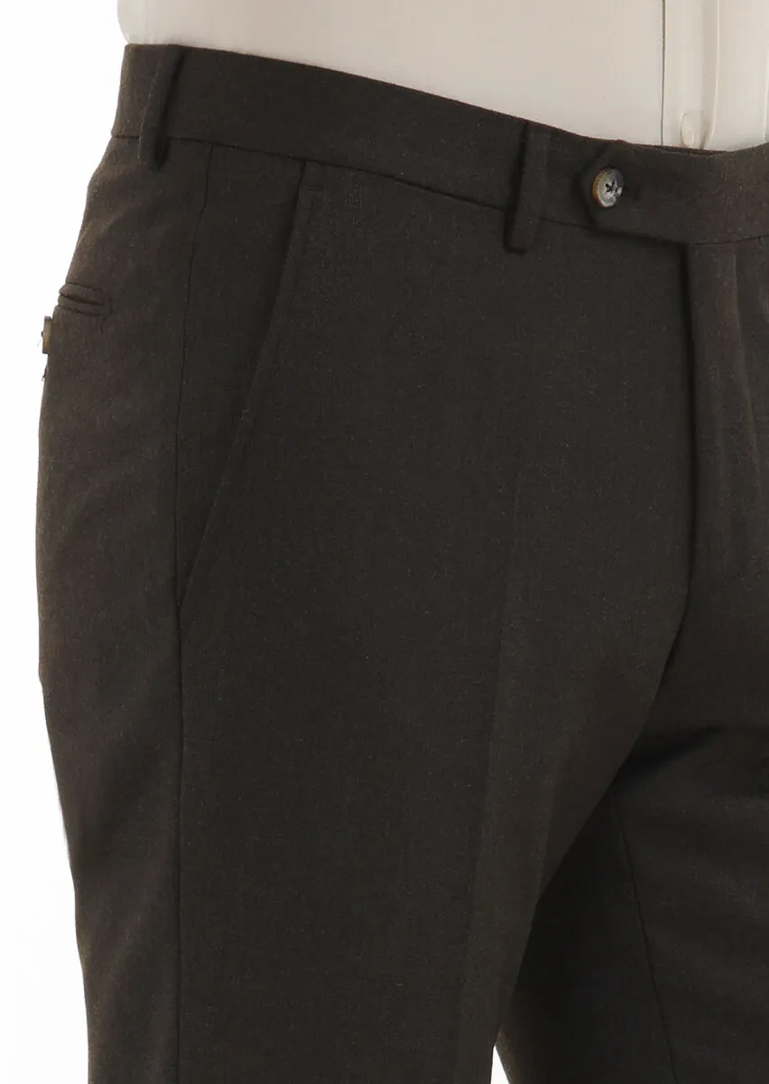 Haki Düz Kumaş Modern Fit Klasik Yün Karışımlı Pantolon - 3