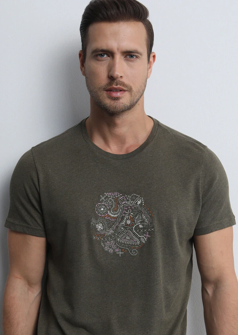 Haki Düz Pamuk Karışımlı T-Shirt - 3