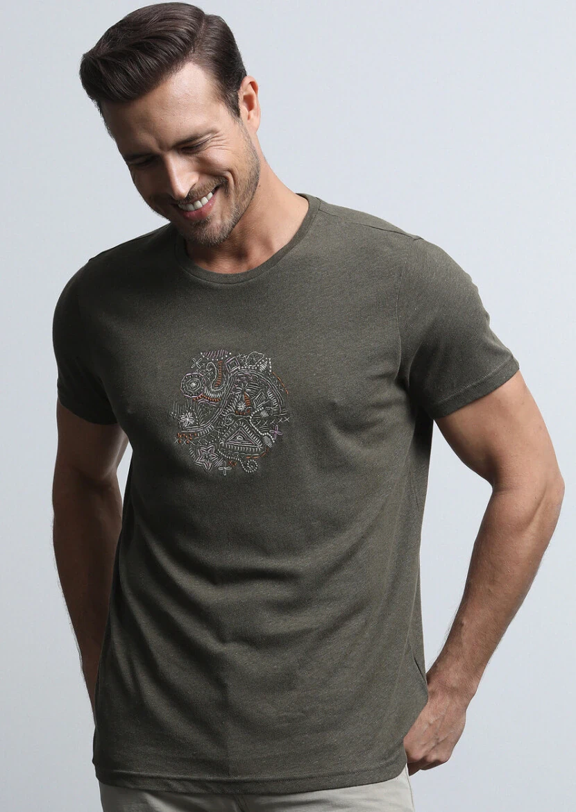 Haki Düz Pamuk Karışımlı T-Shirt - 4