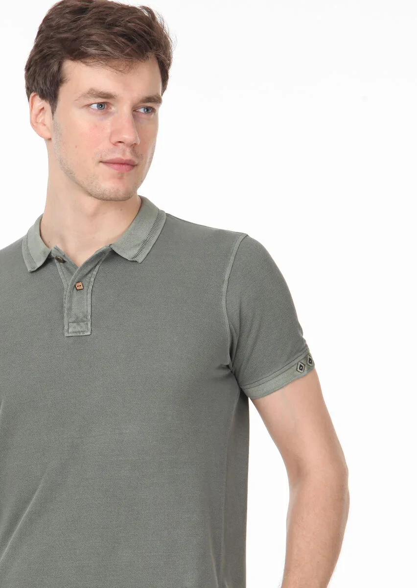 Haki Düz Polo Yaka %100 Pamuk T-Shirt - 2