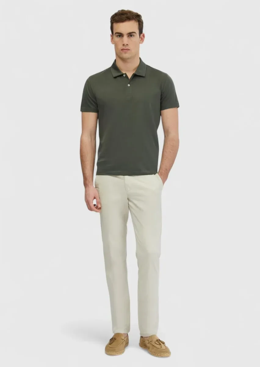 Haki Düz Polo Yaka %100 Pamuk T-Shirt - 2