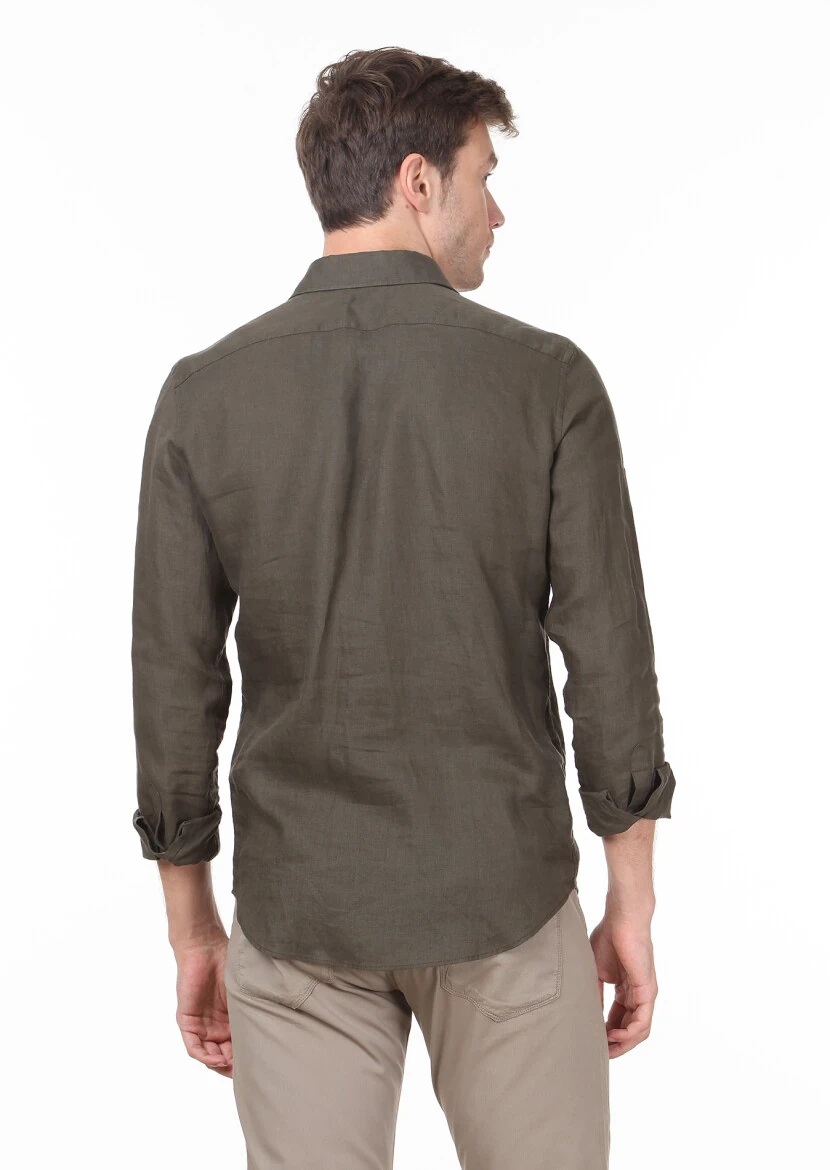 Haki Düz Regular Fit Dokuma Casual %100 Keten Gömlek - 4