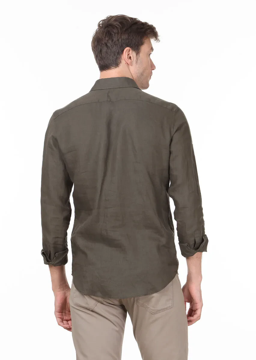 Haki Düz Regular Fit Dokuma Casual %100 Keten Gömlek - 4