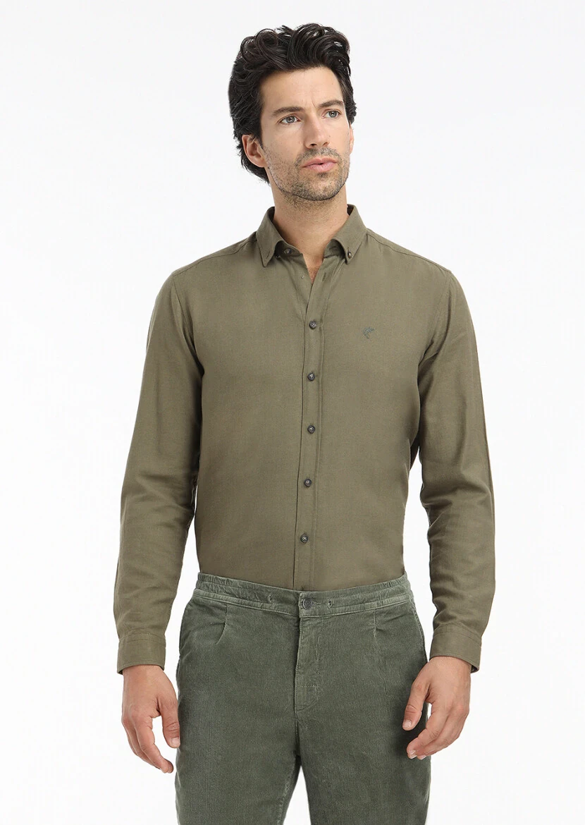 Haki Düz Regular Fit Dokuma Casual %100 Pamuk Gömlek 