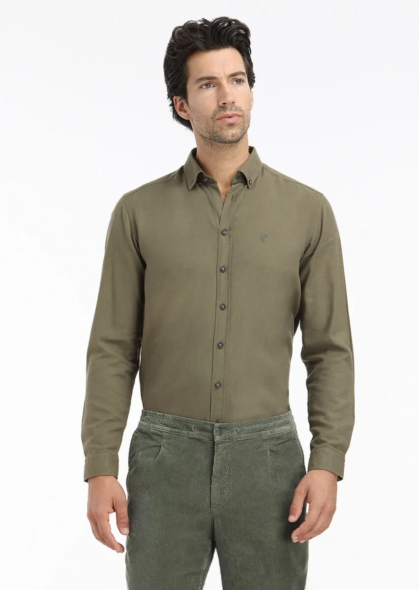 Haki Düz Regular Fit Dokuma Casual %100 Pamuk Gömlek - 2