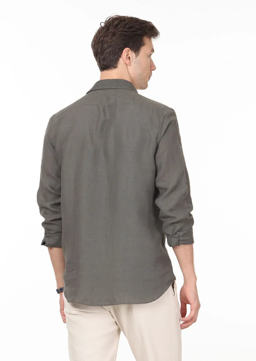 Haki Düz Regular Fit Dokuma Casual Pamuk Karışımlı Gömlek - 4