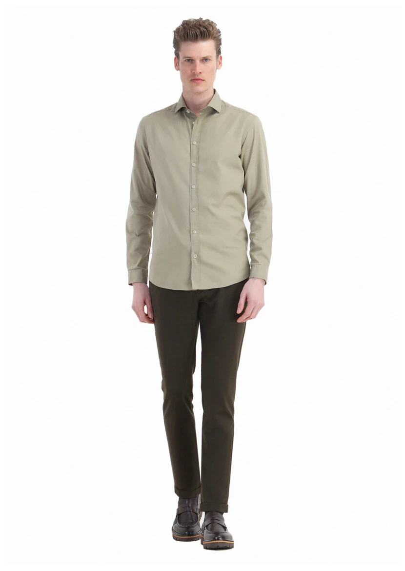 Haki Düz Regular Fit Dokuma Casual Pamuk Karışımlı Gömlek - RAMSEY