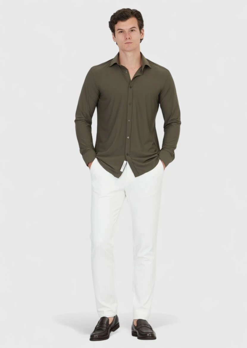 Haki Düz Regular Fit Dokuma Klasik Gömlek - 2