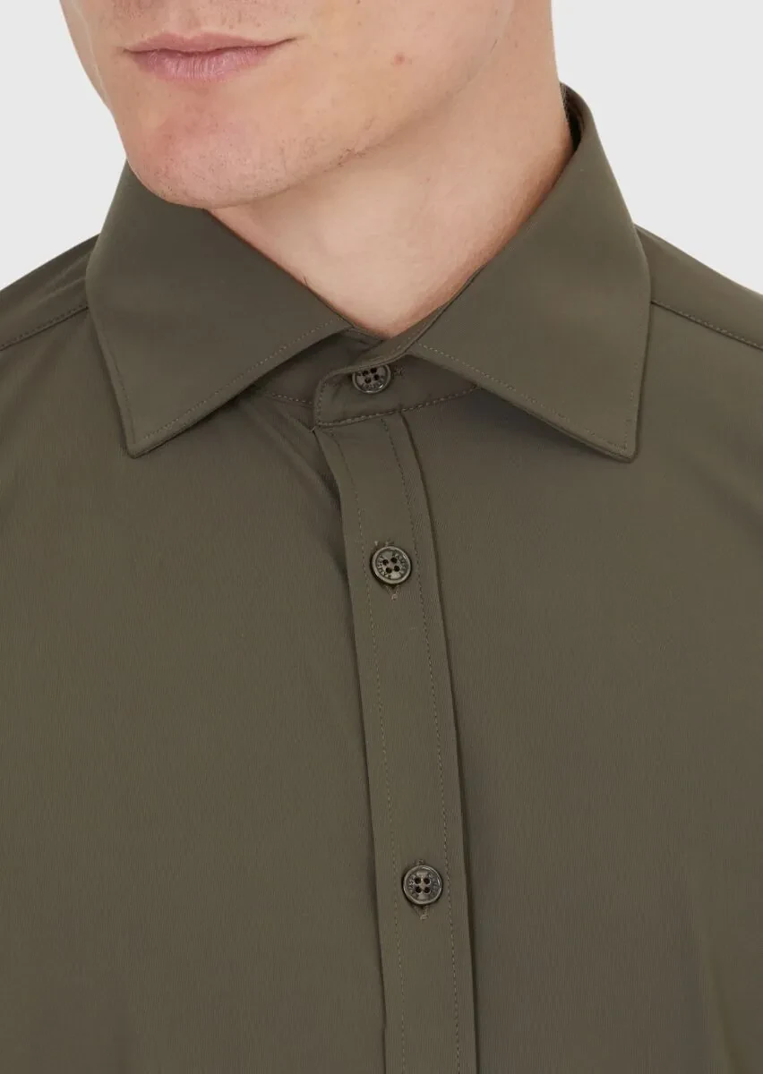 Haki Düz Regular Fit Dokuma Klasik Gömlek - 4