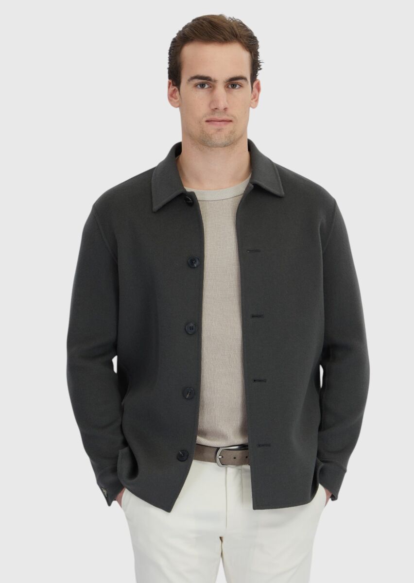 Haki Düz Regular Fit Dokuma Yün Karışımlı Overshırt - 1