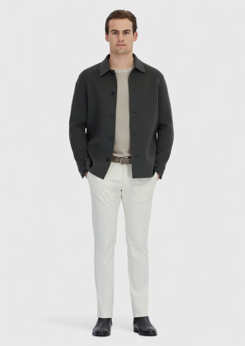 Haki Düz Regular Fit Dokuma Yün Karışımlı Overshırt - RAMSEY