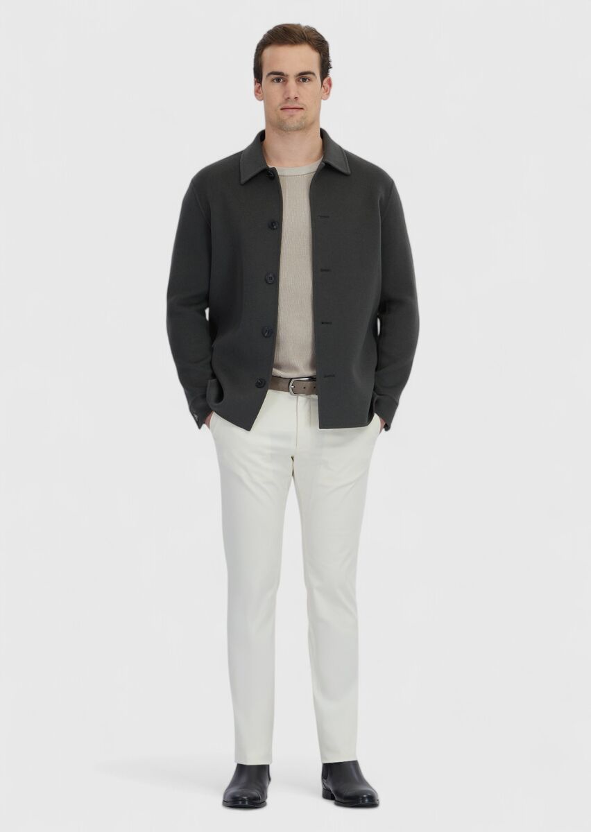 Haki Düz Regular Fit Dokuma Yün Karışımlı Overshırt - 2