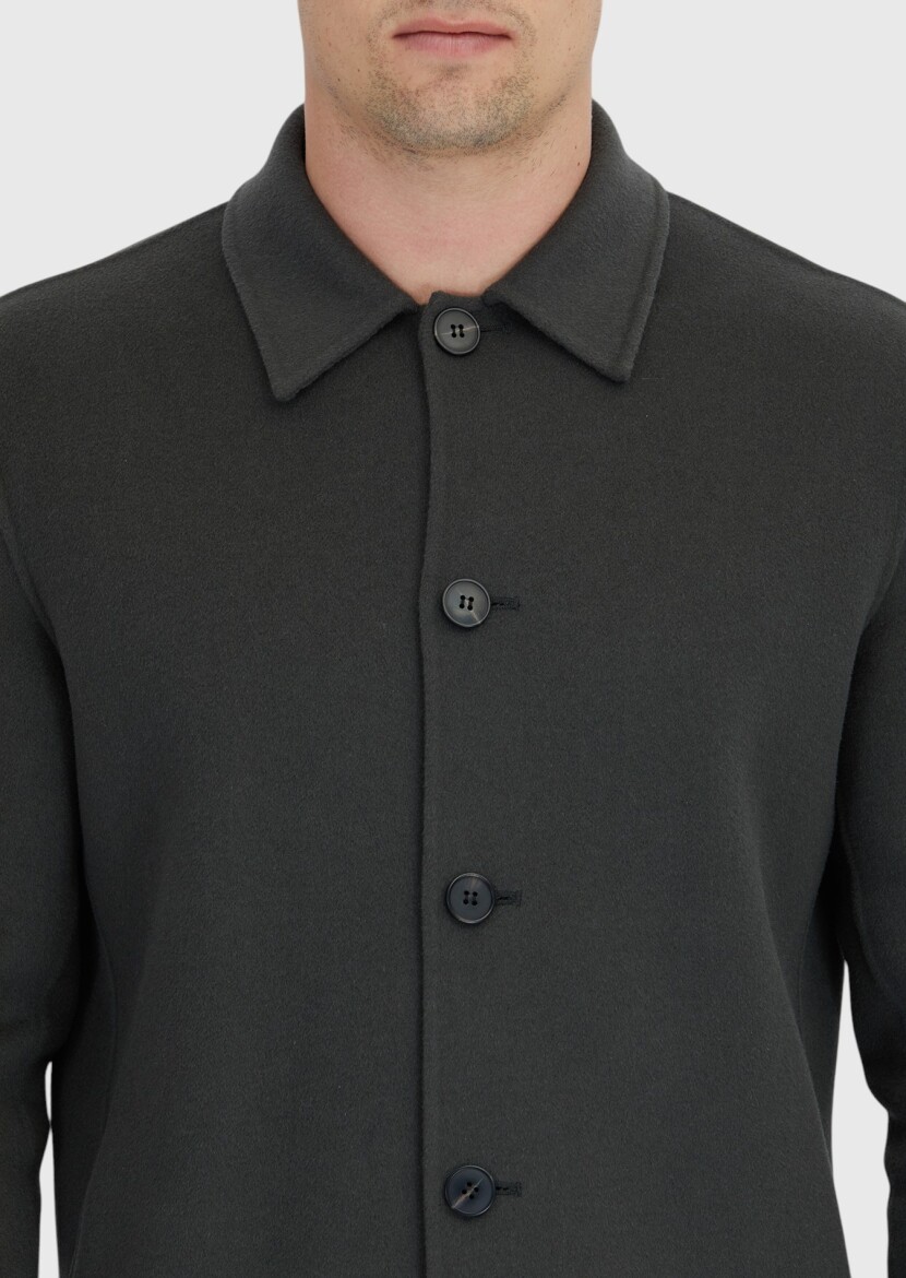 Haki Düz Regular Fit Dokuma Yün Karışımlı Overshırt - 5