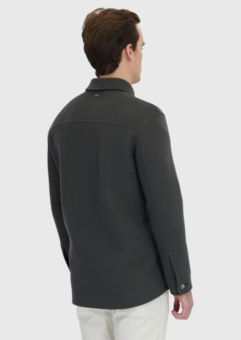 Haki Düz Regular Fit Dokuma Yün Karışımlı Overshırt - 7
