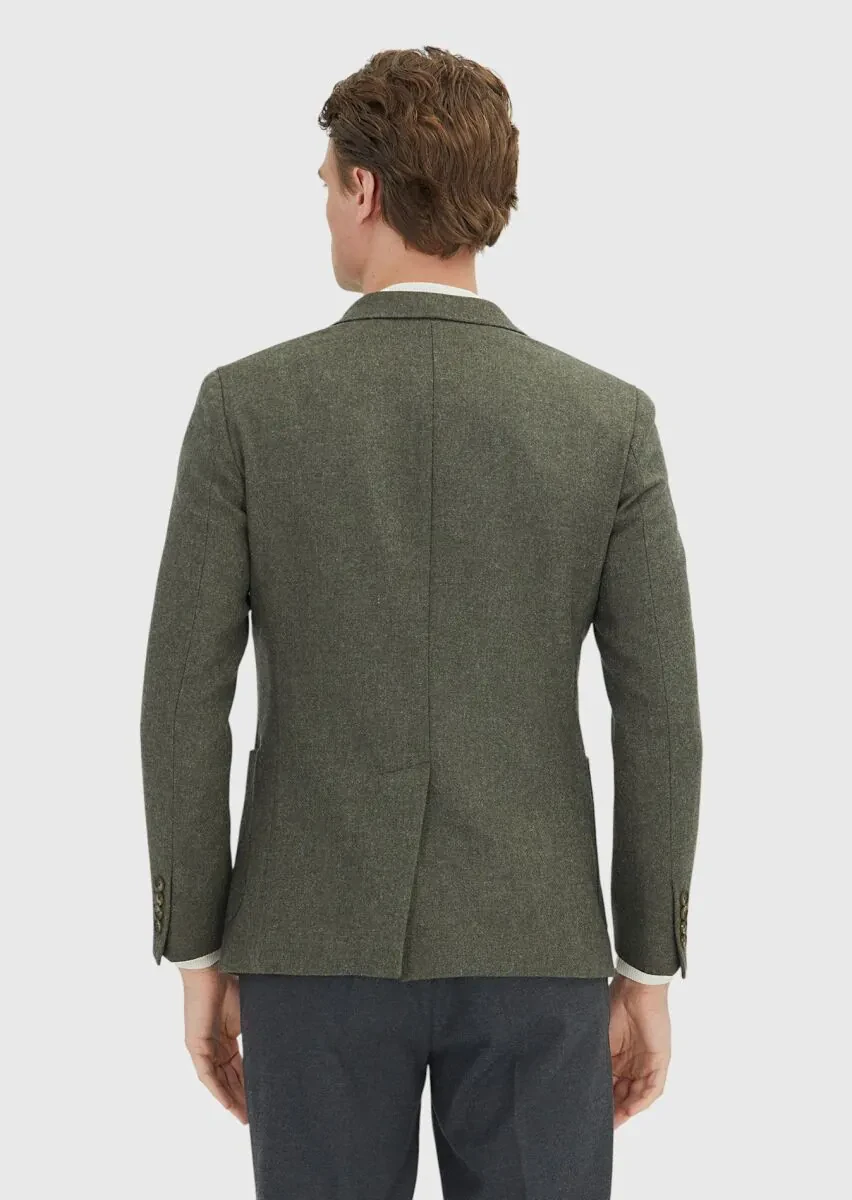 Haki Düz Shirt Shoulder Slim Fit Yün Karışımlı Ceket - 5