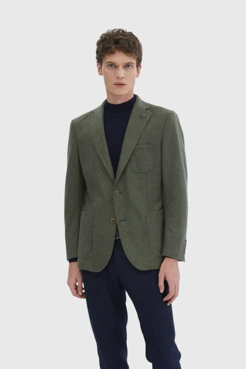 Haki Düz Shirt Shoulder Slim Fit Yün Karışımlı Örme Ceket - 1