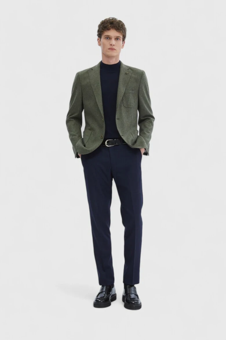 Haki Düz Shirt Shoulder Slim Fit Yün Karışımlı Örme Ceket - 2