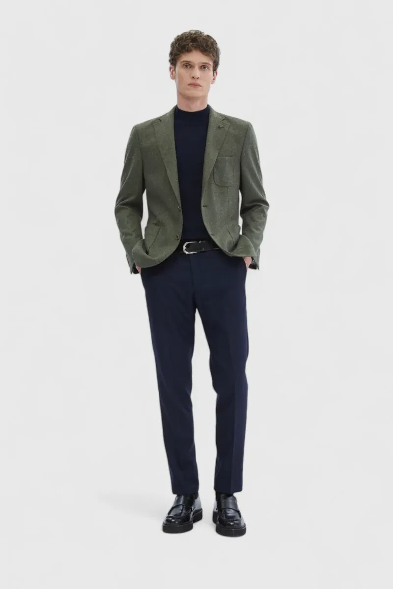 Haki Düz Shirt Shoulder Slim Fit Yün Karışımlı Örme Ceket - 2