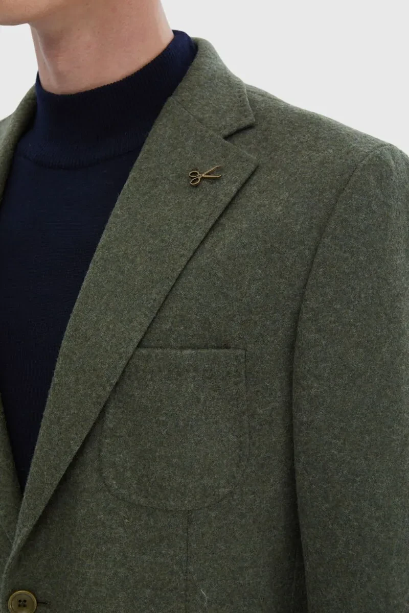 Haki Düz Shirt Shoulder Slim Fit Yün Karışımlı Örme Ceket - 4