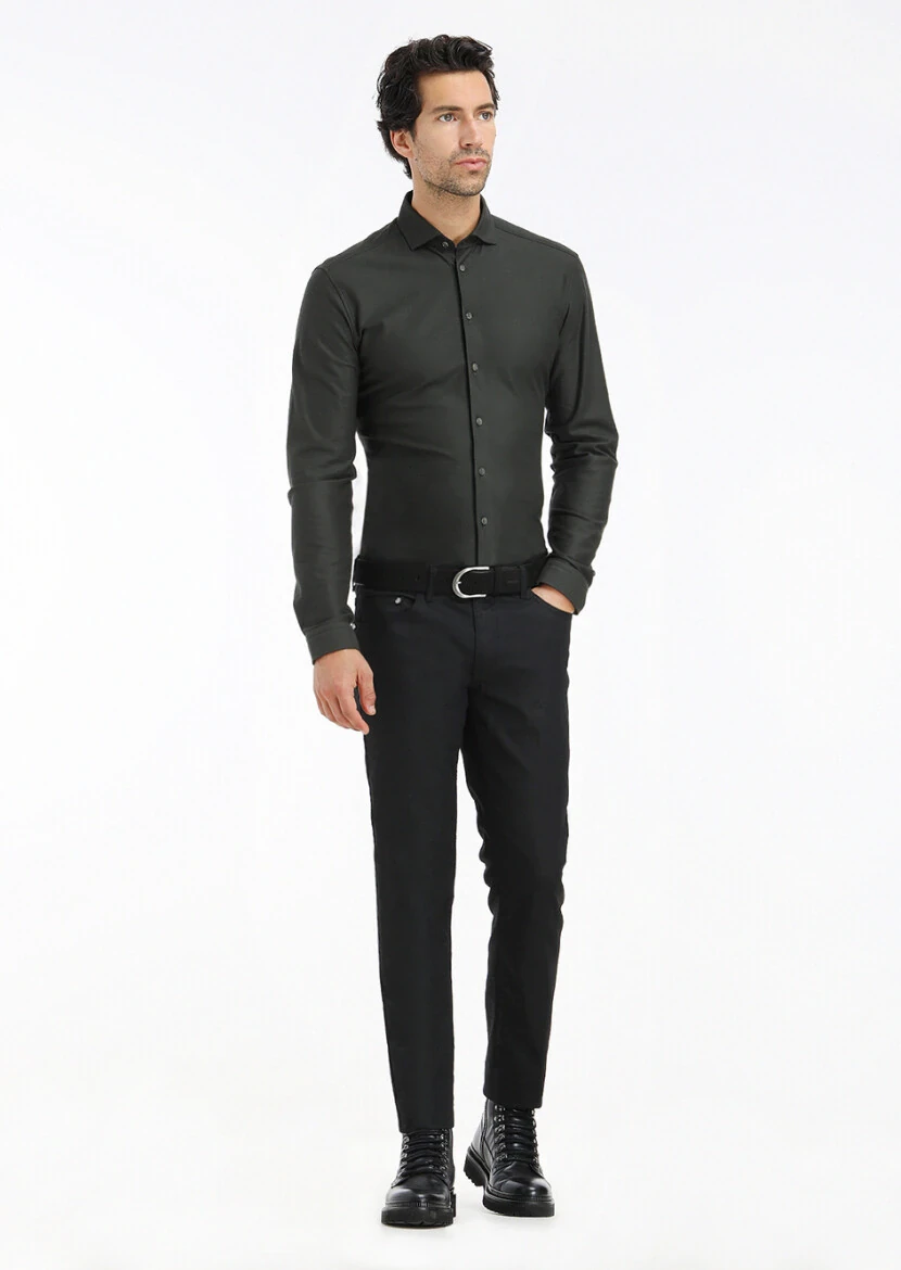 Haki Düz Slim Fit Casual %100 Pamuk Gömlek - 1