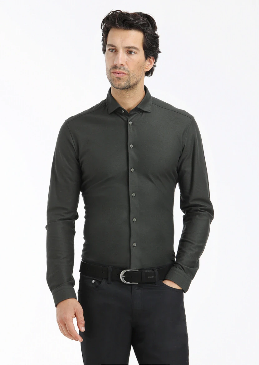 Haki Düz Slim Fit Casual %100 Pamuk Gömlek - 2