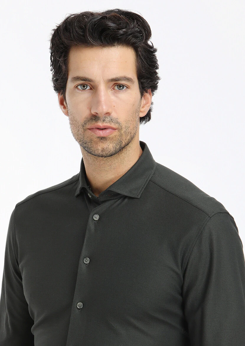 Haki Düz Slim Fit Casual %100 Pamuk Gömlek - 3