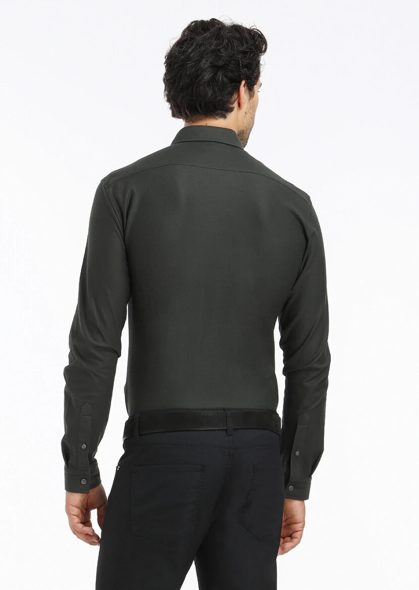 Haki Düz Slim Fit Casual %100 Pamuk Gömlek - 4