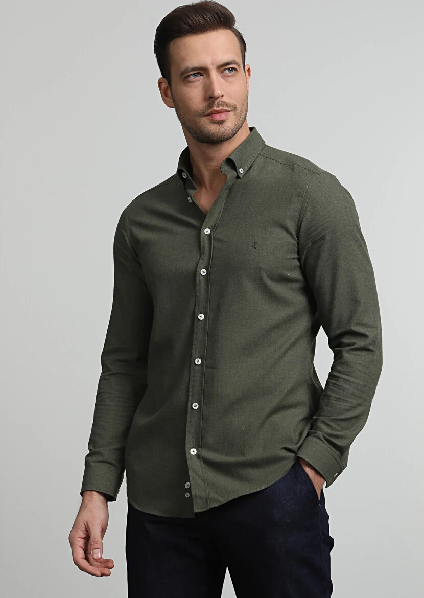Haki Düz Slim Fit Dokuma Casual %100 Pamuk Gömlek - 1
