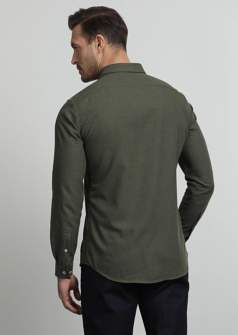 Haki Düz Slim Fit Dokuma Casual %100 Pamuk Gömlek - 4