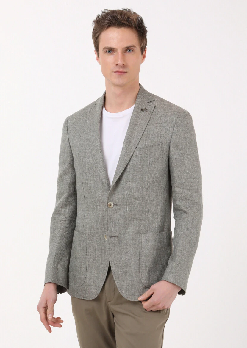 Haki Düz Zeroweight Slim Fit %100 Keten Ceket - 1