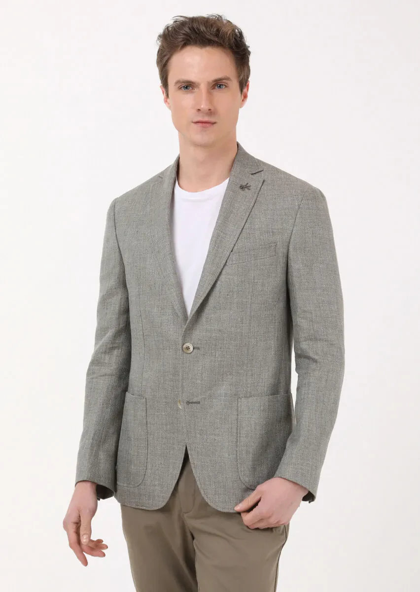 Haki Düz Zeroweight Slim Fit %100 Keten Ceket - 1