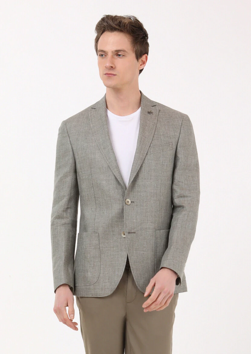 Haki Düz Zeroweight Slim Fit %100 Keten Ceket - 2